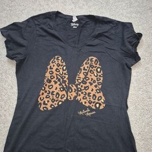 Disney Women's Black T-Shirt with Leopard Bow Large